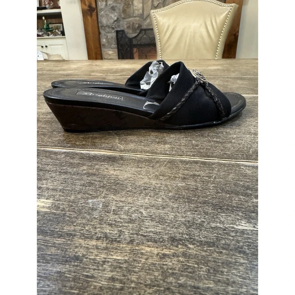 Brighton‎ Lilian Black Leather Wedge Mules Size 8 Silver